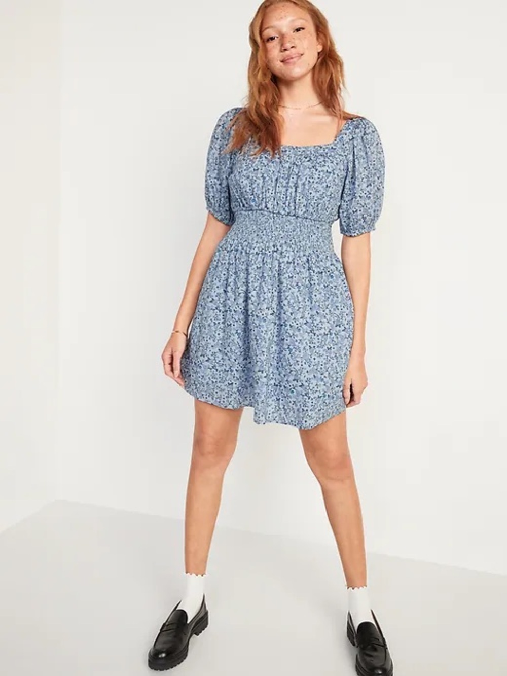 Old Navy Waist-Defined Puff-Sleeve Smocked Mini Floral Dress | Size L